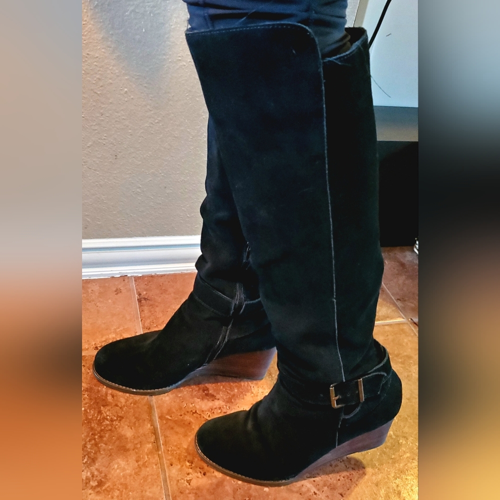 SOLE SOCIETY SUEDE TALL WEDGE BOOTS